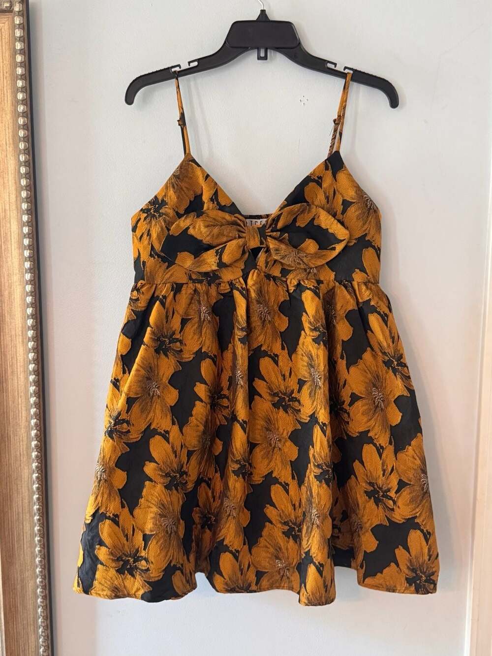 Dark Romantic Golden Floral Bow Babydoll Mini Dress